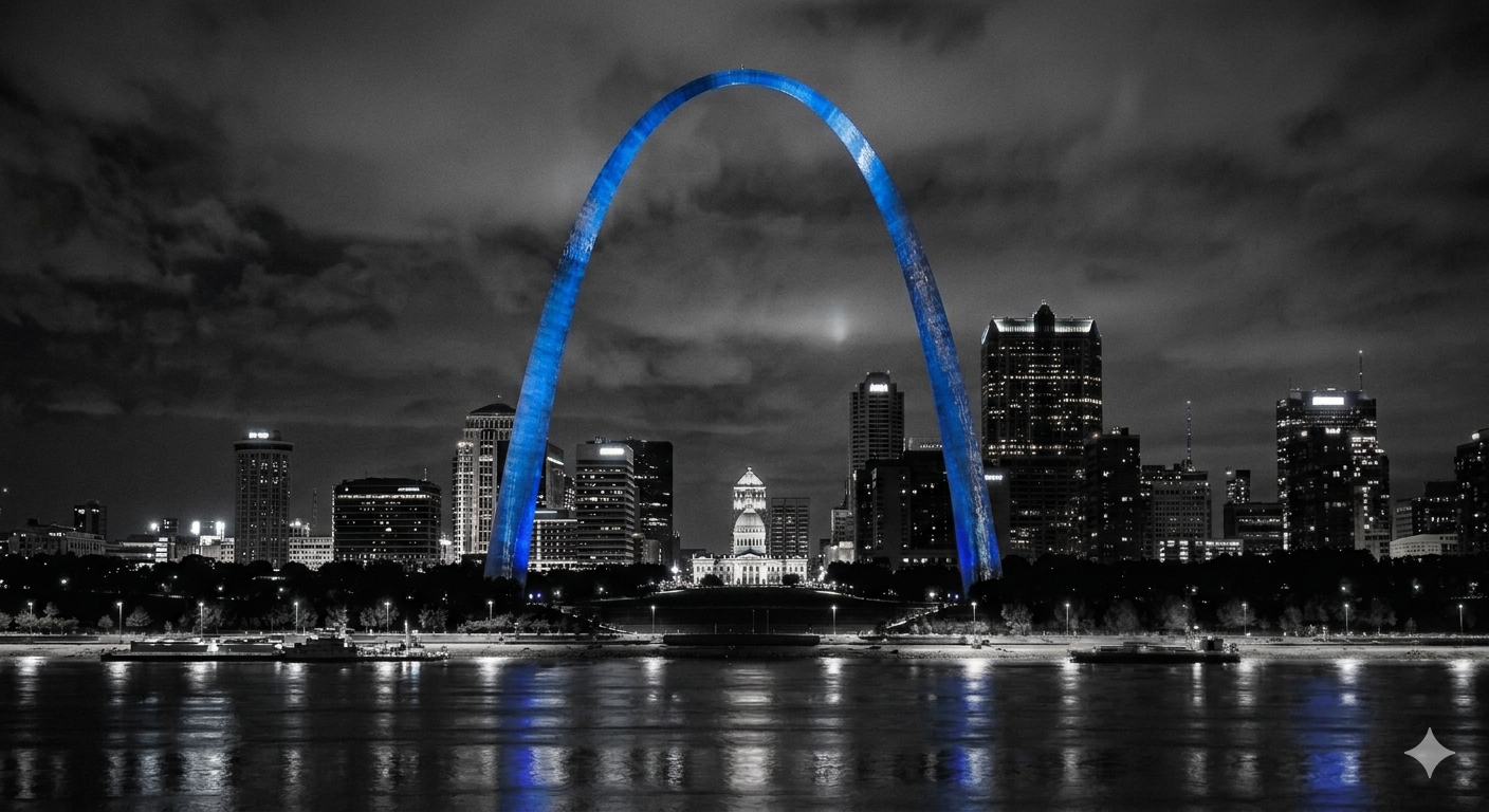 Nighttime city skyline with the Gateway Arch illuminated in blue, reflecting on a river in the foreground.